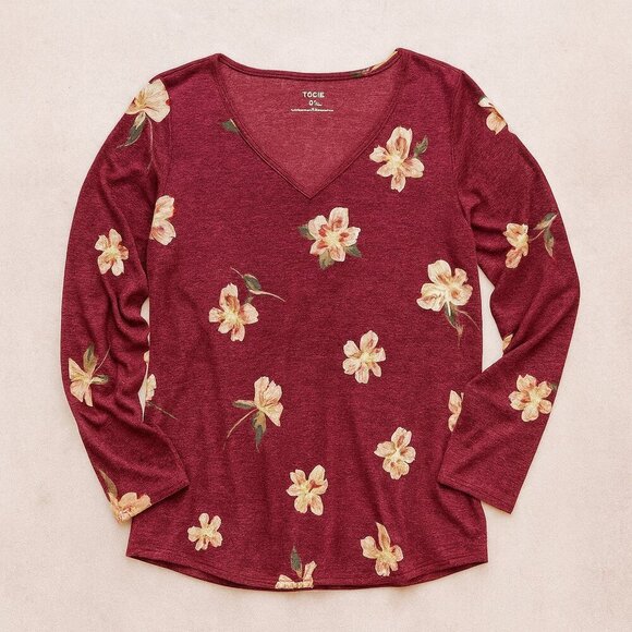 EVRI Everyday Tee Plum Floral V-Neck Long Sleeve Relaxed Fit Cotton Blend 2X - Picture 13 of 13